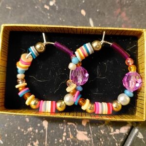 Multicolor Beaded Hoop Earrings with Purple Crystal Accent